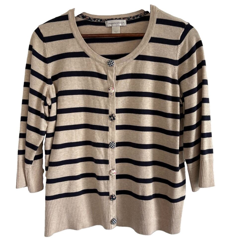 Christopher & Banks Cardigan Sweater Women’s Large Beige Blue Stripes 3/4 Sleeve